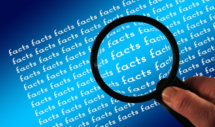 Lupe, die auf Buchstaben "facts" schaut